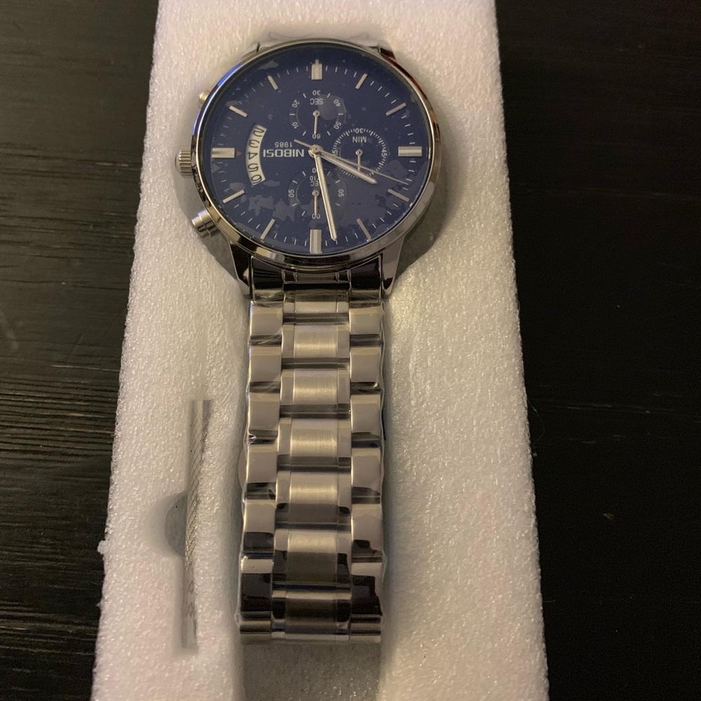 Mens Watch 43mm Silver & Blue Solid Stainles Steel